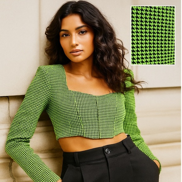 Zara Green Houndstooth Cropped Blazer L Boning Shoulder Pads - Picture 1 of 6